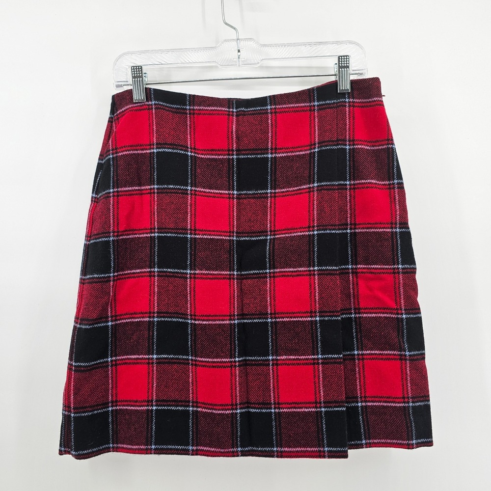 Talbots Faux Wrap Mini Skirt Women 6P Red Black Plaid Wool Blend Side Zip Lining